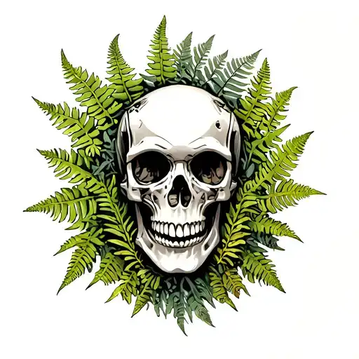 Mechanical Skull And Ferns Wrapping Around It