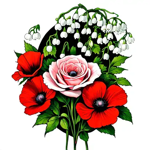 Lily Of The Valley & Rose & Cosmos & Red Poppies