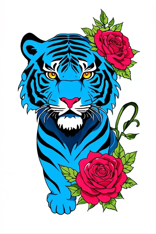 Colour Tattoo Of A Blue Full Tiger With Roses