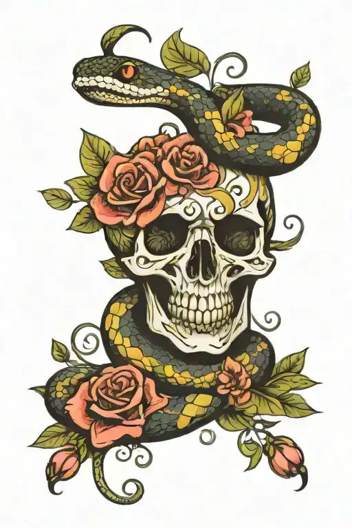 Snake With Flowers And A Skull Inside And The Inscription Memento More
