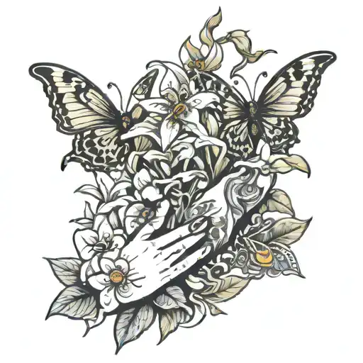 Hands Holding Money Lily Flowers Butterflies Tree