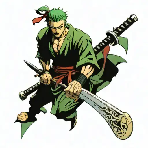 Face Roronoa Zoro With 3 Of His Swords And A Dragon