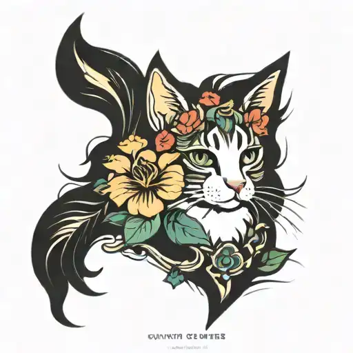 Cat Flowers Thin Line