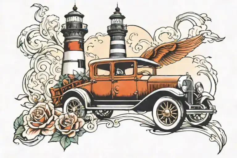 Lighthouse With Classic Car