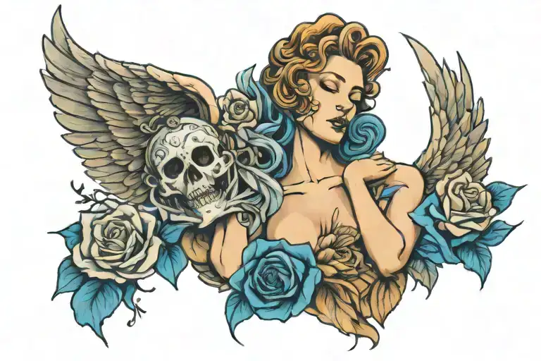Falling Angel With A Theatre Crying Mask And Blue Roses Around It