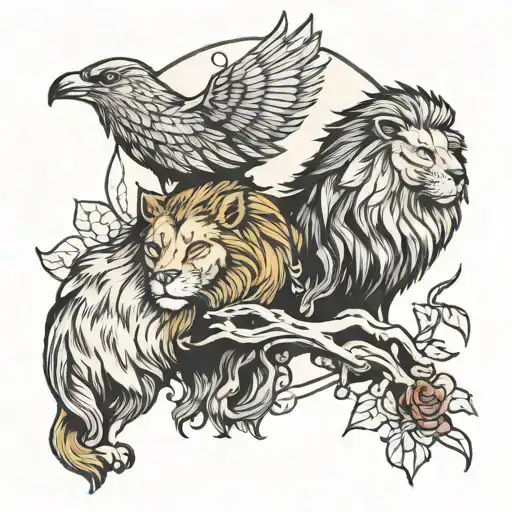 Lion And A Wolf Looking At A Wren Bird