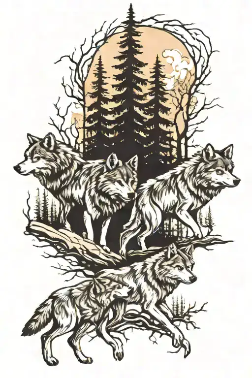 A Family Of Wolves Hiking Through A Forest