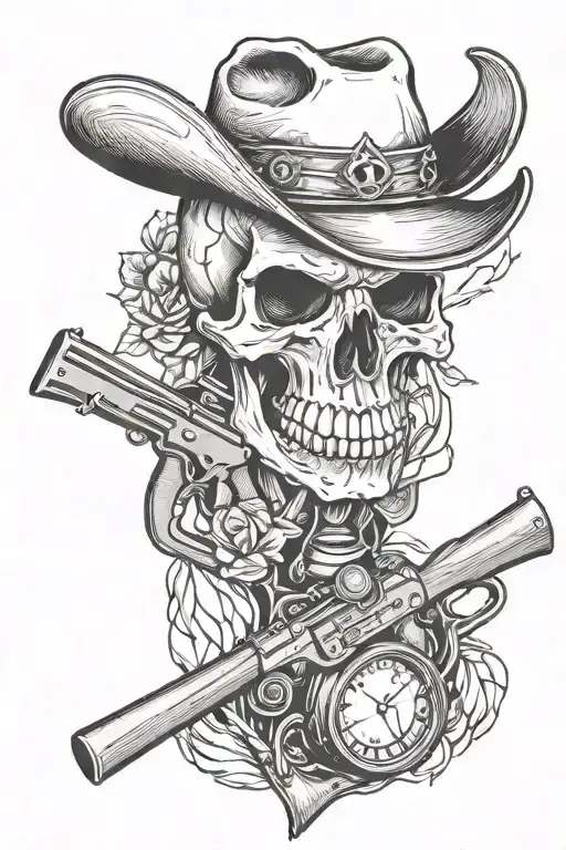 Human Skull Wearing A Cowboy Hat Sitting With A Barrel Of A Rifle Inside The Skull