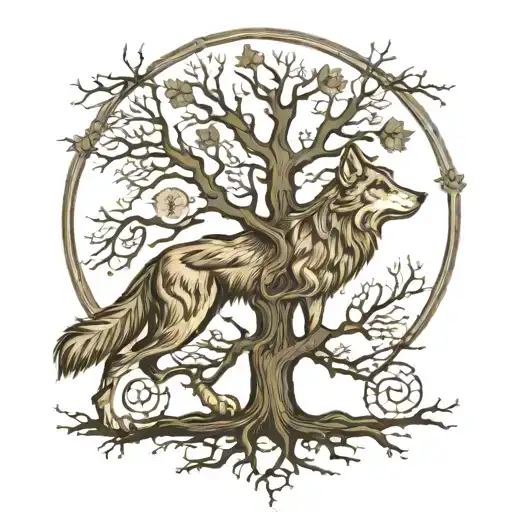 Oak Tree With Root System And Wolf Howling At The Moon