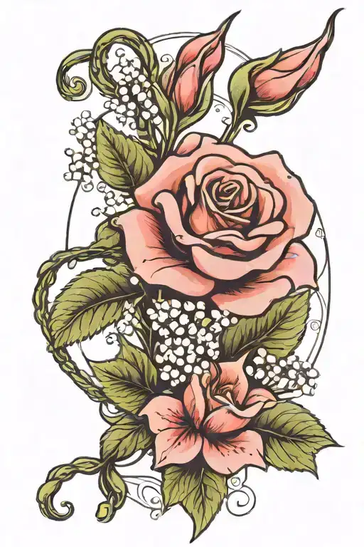 A Rose With Lily Of The Valley Flower Intertwined