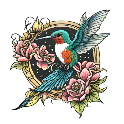 Flowers Around Hummingbird Posing On The Moon