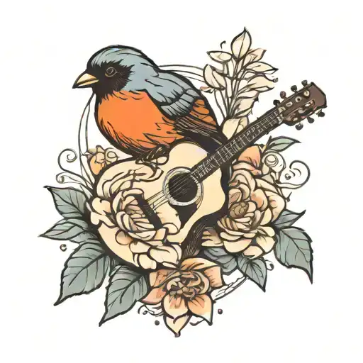 A Guitar Intertwined With A Blooming Robin Perched On A Beach Rock