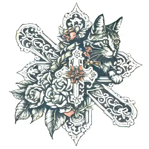 A Cross With Flowers Around It With Cat And Cardinal