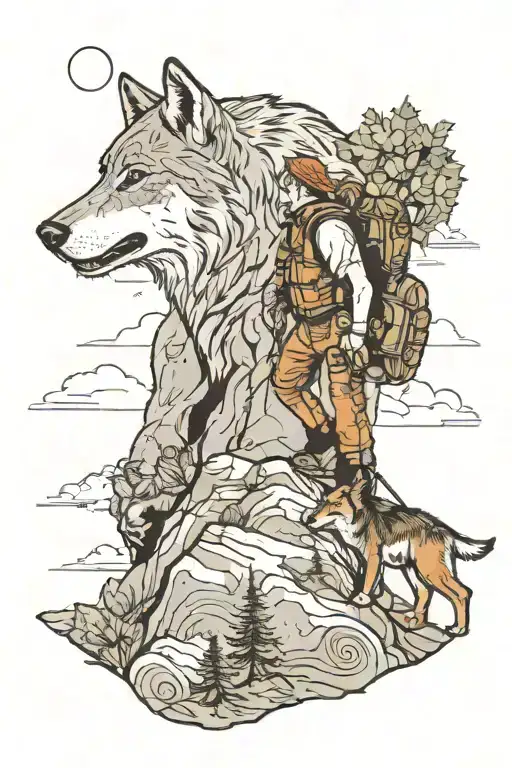 A Hiker Climbing A Mountain With Their Family And A Wolf Following Close Behind