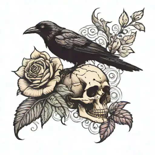 Crow Standing On Skull With Black Rose Growing
