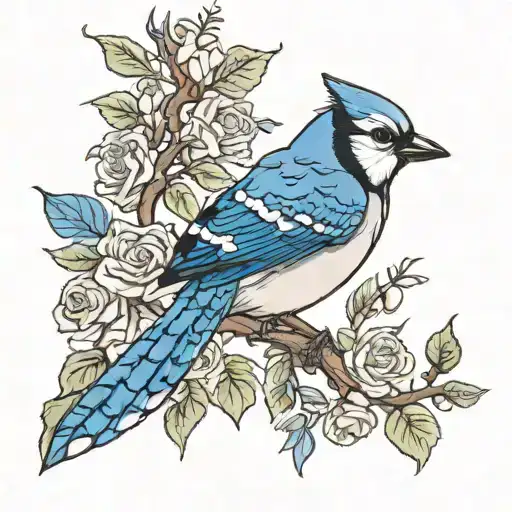 Blue Jay W Ith Rosebud Tree Branch