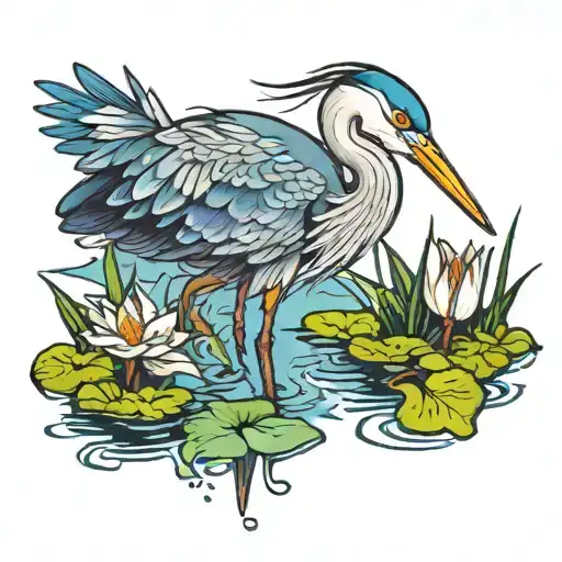 Heron In Water With Lilly Pads And Cattails