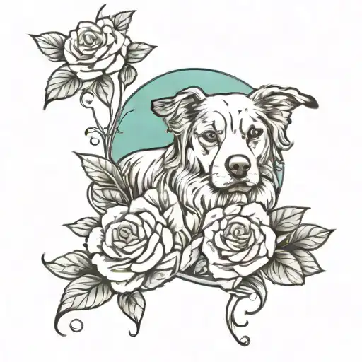 A Neotraditional Design Of A Peaceful Garden Scene With Roses And Your Favorite Dog