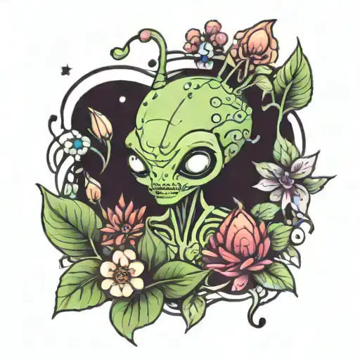 Cute Alien Surrounded By Plants And Flowers
