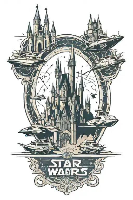 Star Wars Logo Combined With Star Wars Ships Combined With Disney World Castle