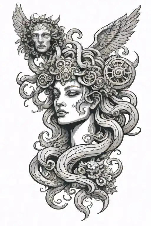 Face Of Medusa And Athena Mix Together Representing