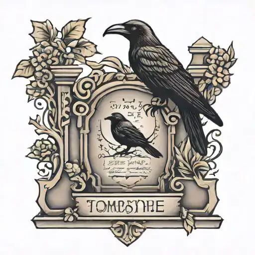 Tombstone With Words And Crow Perched