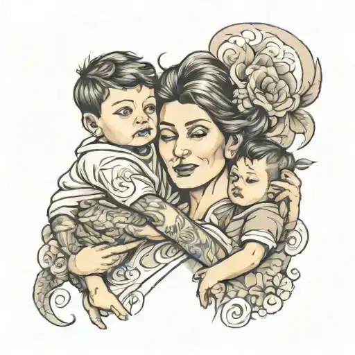 A Mother Holding Her Two Boys