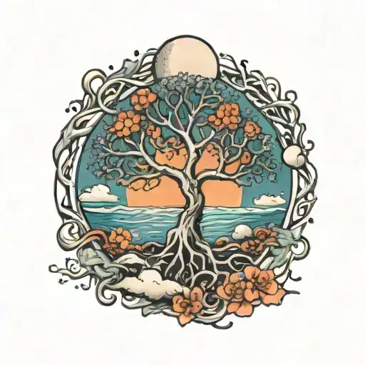 Tree Of Life Intertwined Around A Moon With Coral Reef Mixed In