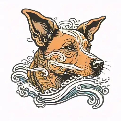 Dog Face With Back Ground Sea Waves And Sunset And His Master Waking