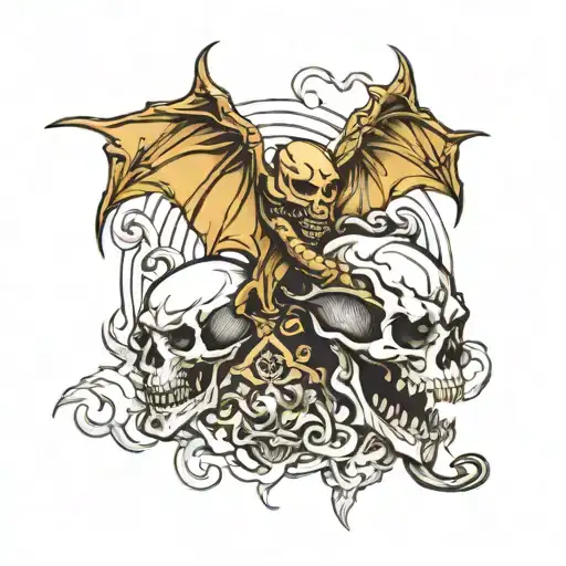 Skull And Dragon Flying Together Symbolizing Strength
