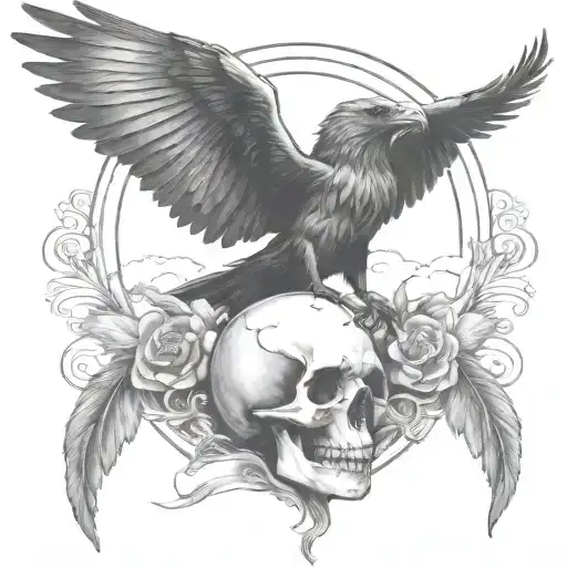 Raven Holding A Skull Flying Away Surrounded By Rolling Wind And Clouds