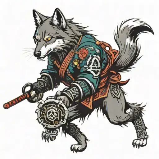 A Wolf Alfa Look Around Angree With Samurais Wielding Katanas