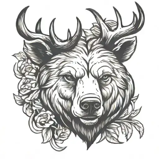 Bear Head With Big Deer Antlers