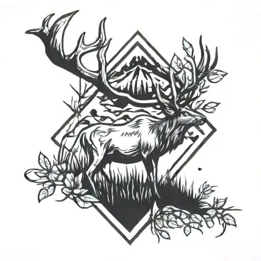 Diamond Shape With A Big P Inside And Elk And Deer And Grass In The Bottom