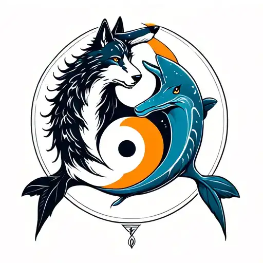 A Neotraditional Design Of A Wolf And Dolphin Circling Each Other In A Yin Yang Formation