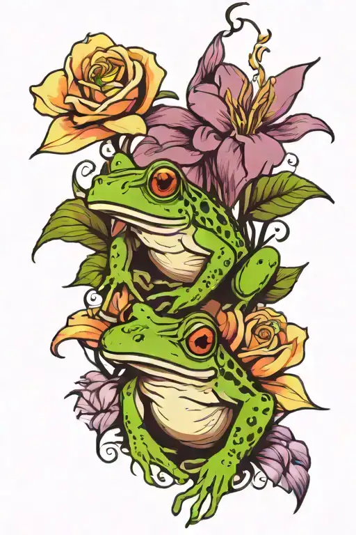 Frog With Roses And Iris Flowers