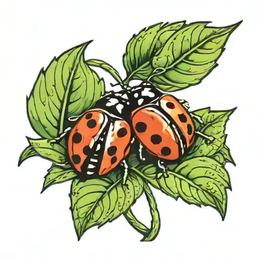 Two Lady Bugs On A Clover Leaf