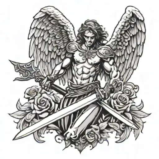 Fallen Angel With Wings Spread Holding Sword