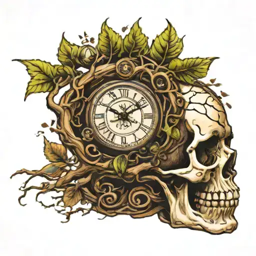 Tree Growing Out Of Skull With Clock And Compass On Branches