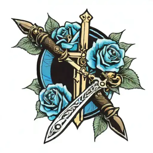 Cross And Sword With Blue Roses