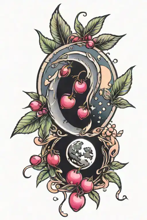 Mystical Moon With Pink Cherries And Hands And Sparkles