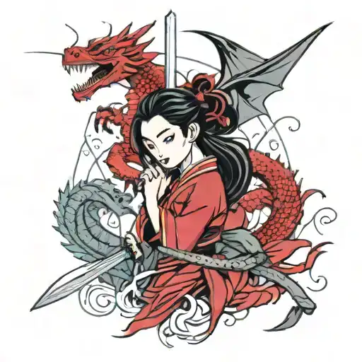 Mulan Cutting Her Hair With Sword Surrounded By A Red Dragon And A Little Cricket