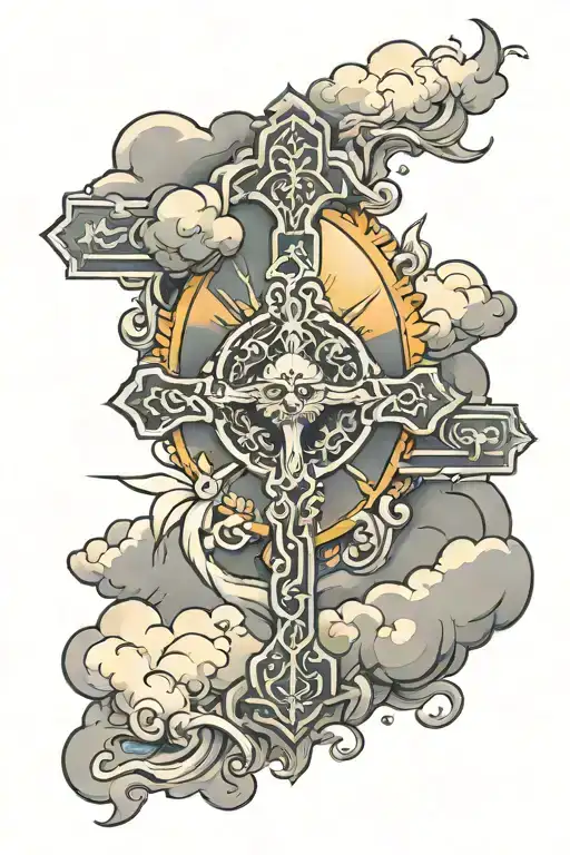 Cross With Sun And Clouds Surrounding
