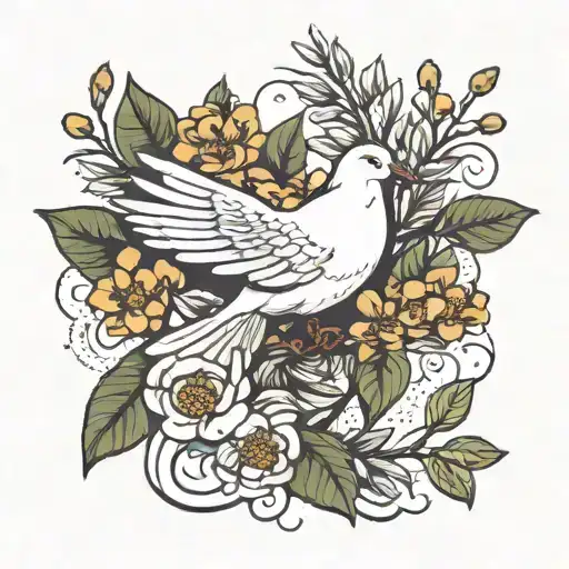 Dove With An Olive Branch And Flower Blooming