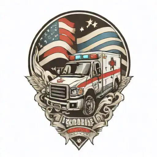 A Black-grey Tattoo Of An Ambulance With The American Flag Waving In The Background
