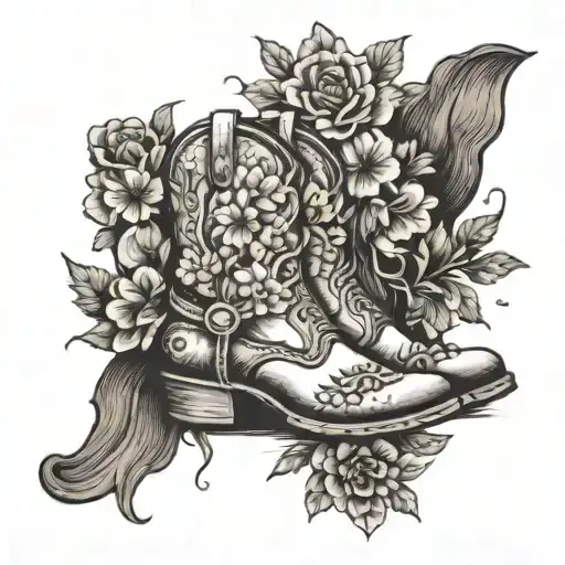 Cowboy Boots With Flowers Coming Out The Top With Paw Prints