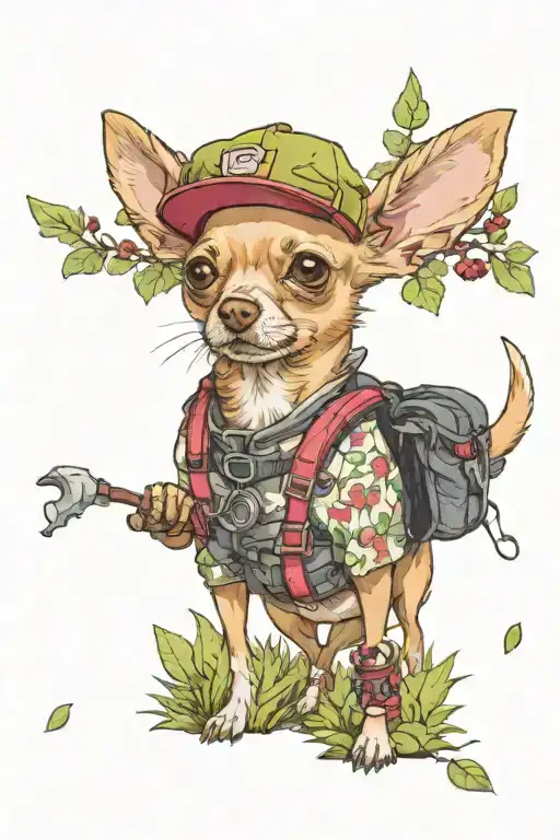A Chihuahua In Hiking Gear Exploring A Raspberry Forest And A Rabbit Near