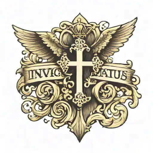 A Cross With The Horizontal Part Saying 'Invictus Maneo' Small Dainty And Feminine