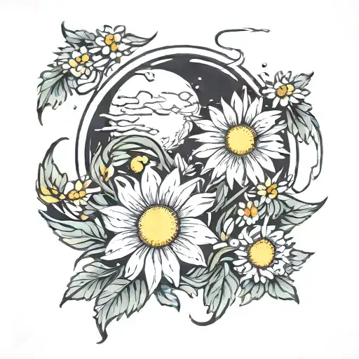 Waxing And Wanning Moon Over Field Of Daisies