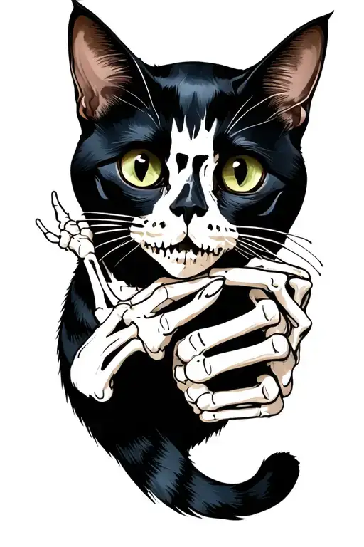 Black Cat Being Pet By Skeleton Hand